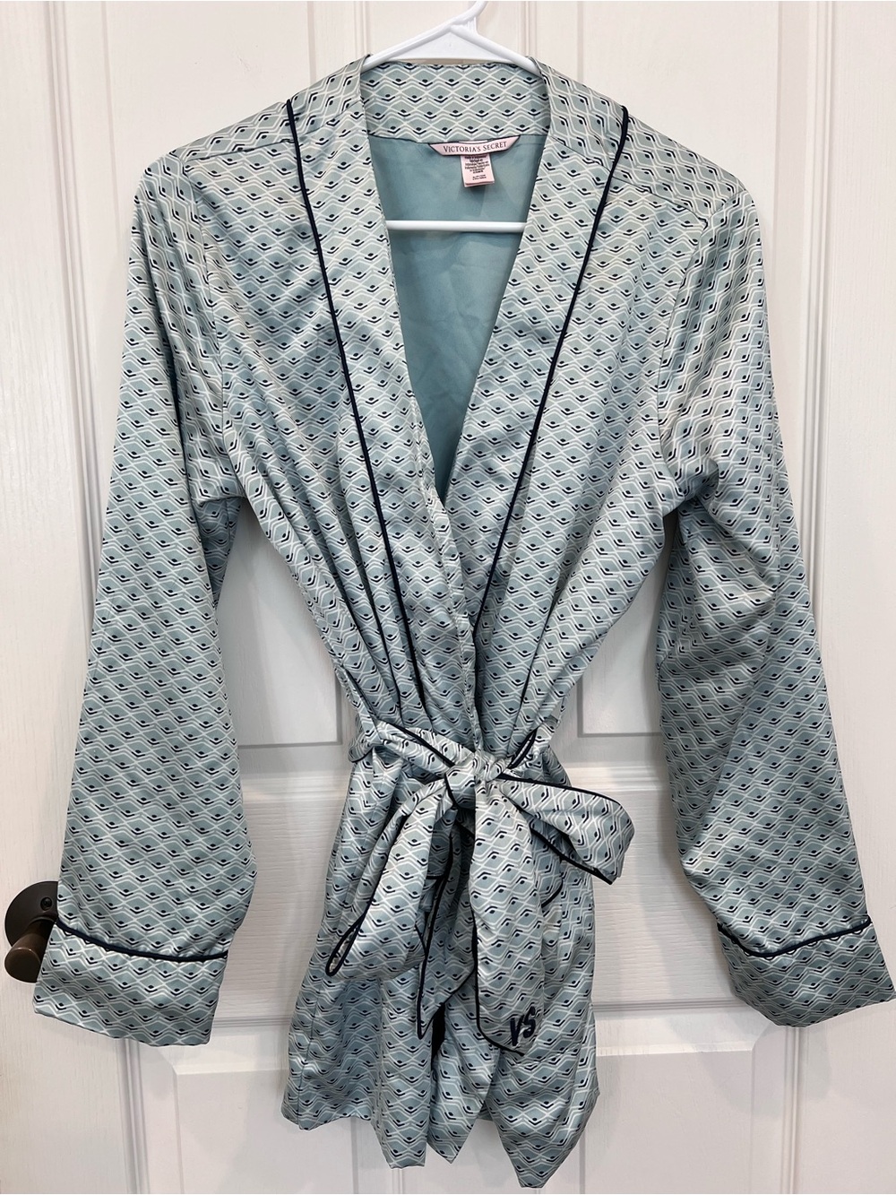 Victoria's Secret Light Blue Satin Robe with Navy Trim